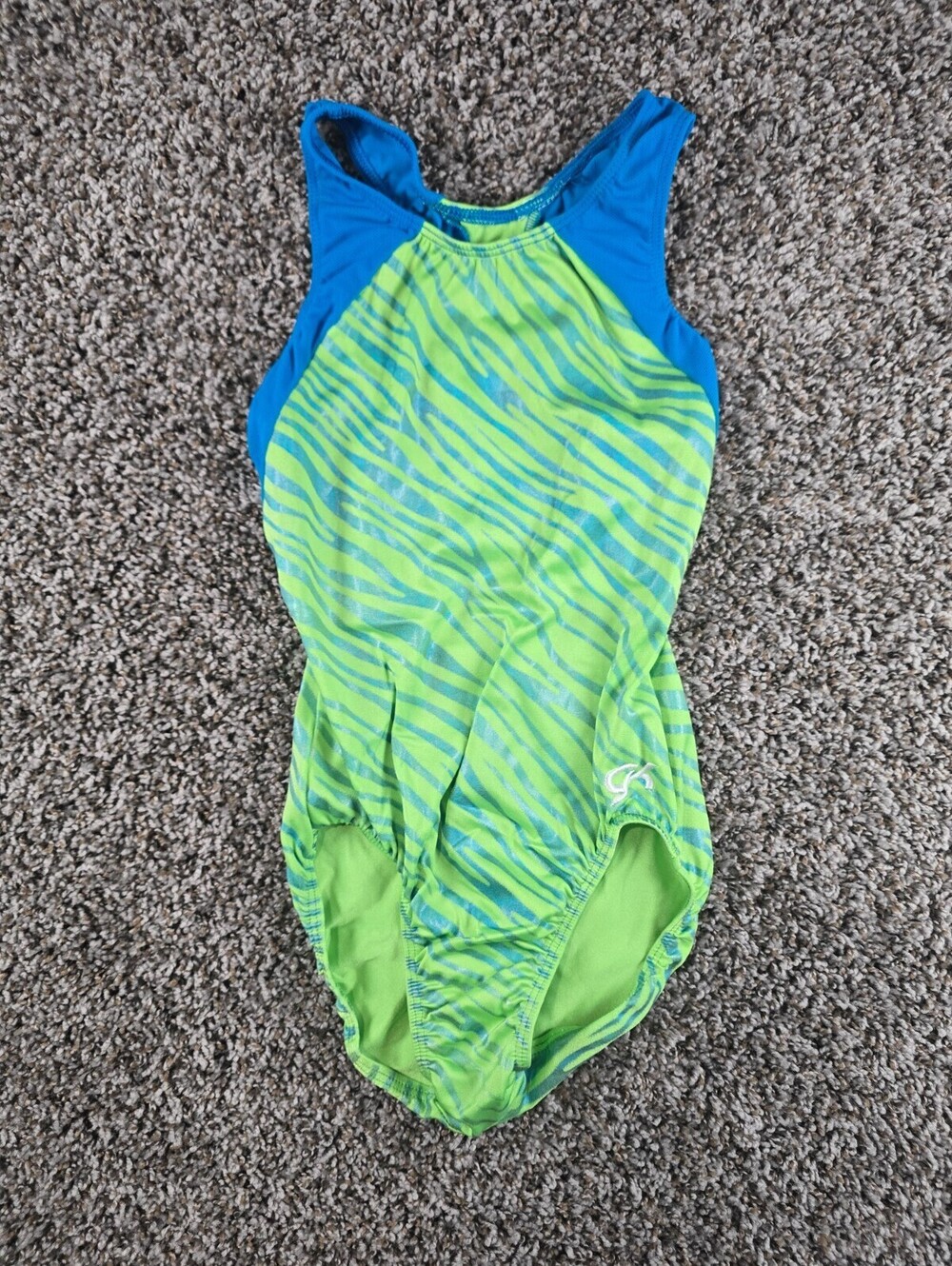 GK Elite Womens Sz S Gymnastics Leotard Bright Green Blue Zebra Print